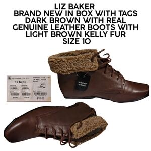 REAL GENUINE LEATHER NWT/NEW IN BOX LIZ BAKER  BROWN KELLY FUR BOOTS SIZE 10